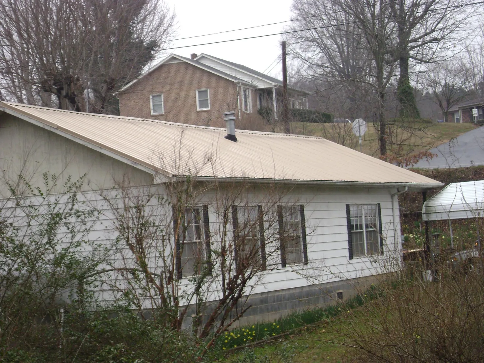 Tan metal roof on a white sided house set into a hillside in Bath